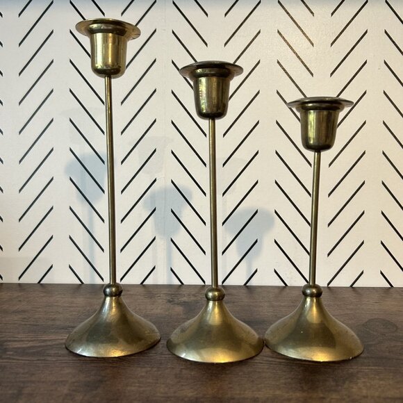 Vintage Set of 3 Brass Candlestick Holders Art Deco Revival Glam Home Decor MCM - Picture 1 of 10